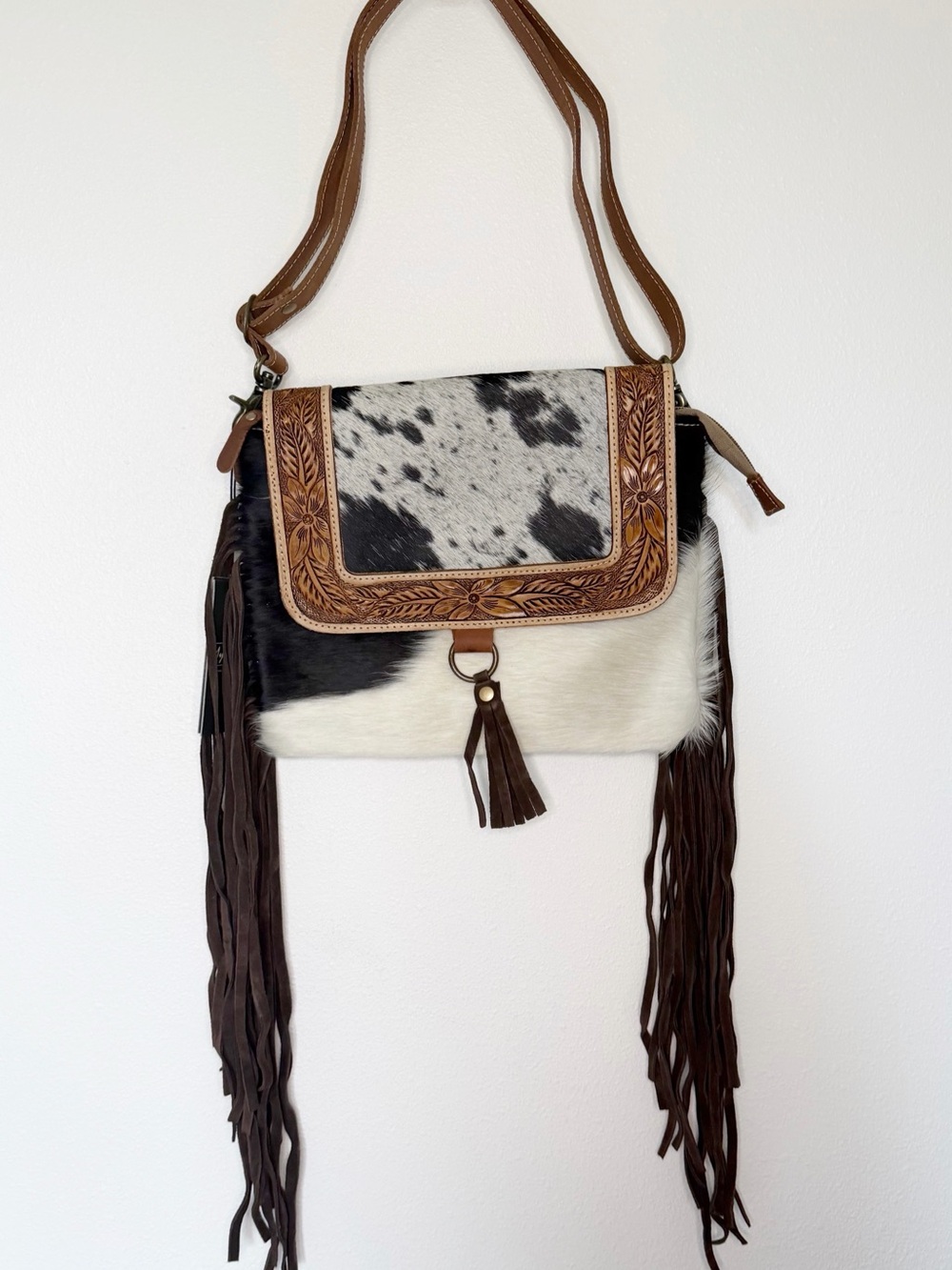 Cowhide Fringe Crossbody Bag with Tooled Leather Flap